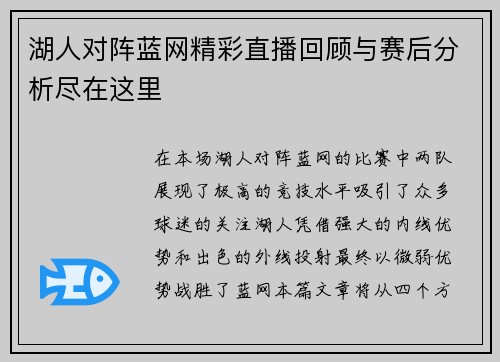 湖人对阵蓝网精彩直播回顾与赛后分析尽在这里